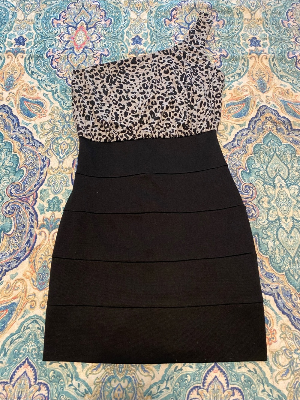 Forever 21 Black Dress with Gray Leopard One-Shoulder Bodice